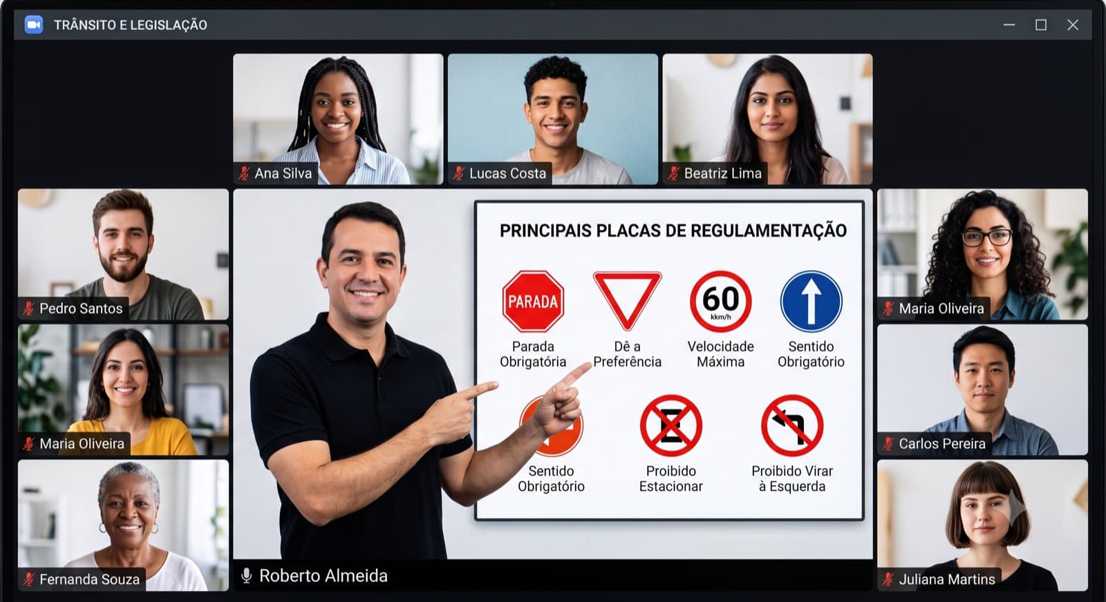 Aula ao vivo de trânsito e legislação da CNH Virtual, com professor e alunos